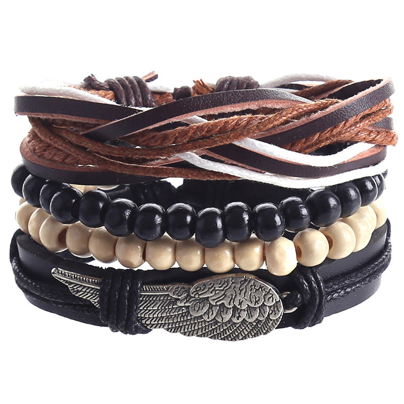 Wholesale Vintage Alloy Leaf Beaded Leather Bracelet